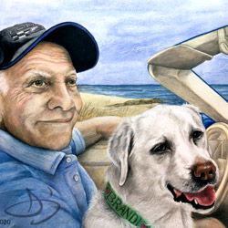 color portrait of a beloved dad, dog car and beach